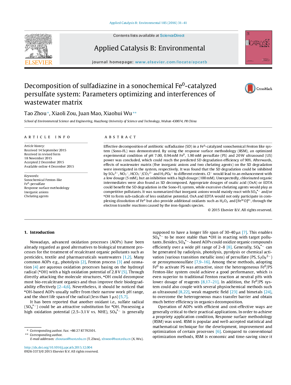 Decomposition of sulfadiazine in a sonochemical Fe0-catalyzed persulfate system: Parameters optimizing and interferences of wastewater matrix