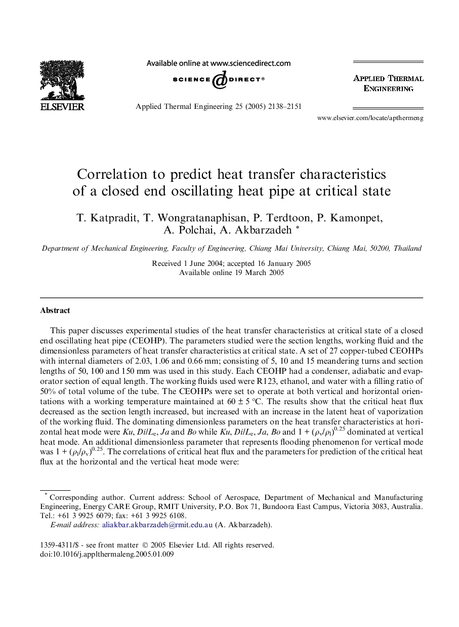 Correlation to predict heat transfer characteristics of a closed end oscillating heat pipe at critical state