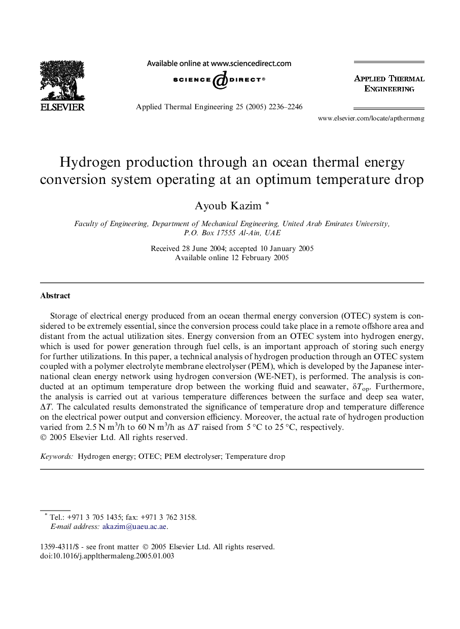 Hydrogen production through an ocean thermal energy conversion system operating at an optimum temperature drop