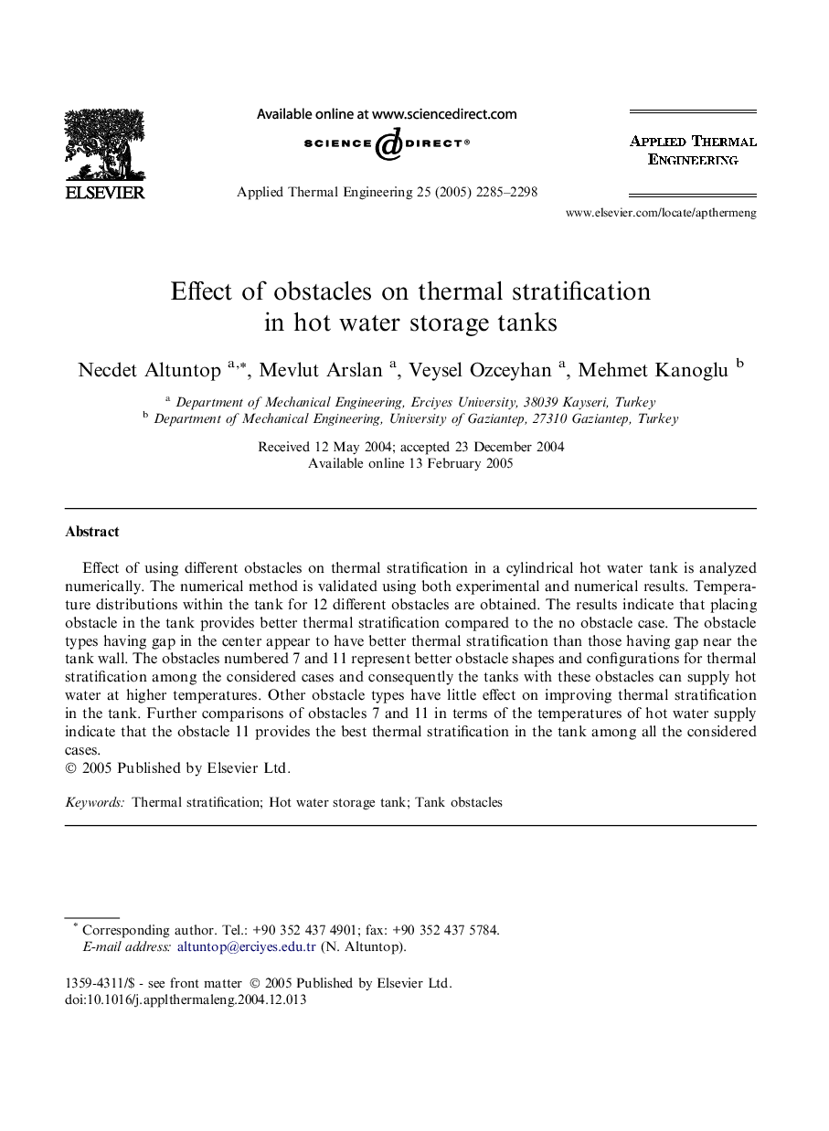 Effect of obstacles on thermal stratification in hot water storage tanks