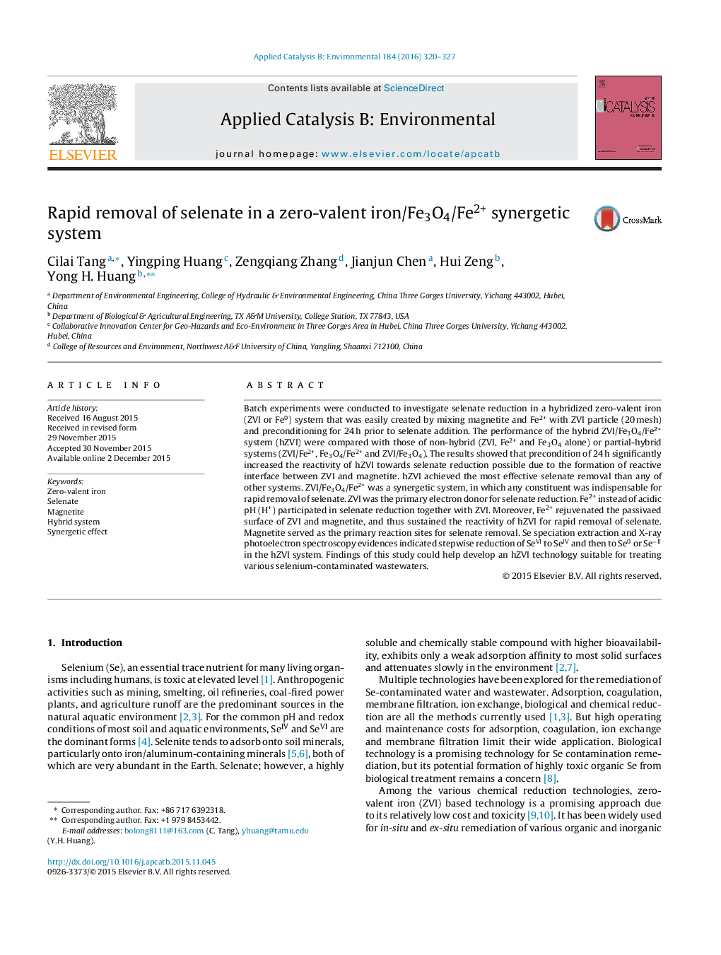 عکس صفحه اول مقاله: Rapid removal of selenate in a zero-valent iron/Fe3O4/Fe2+ synergetic system Rapid removal of selenate in a zero-valent iron/Fe3O4/Fe2+ synergetic system