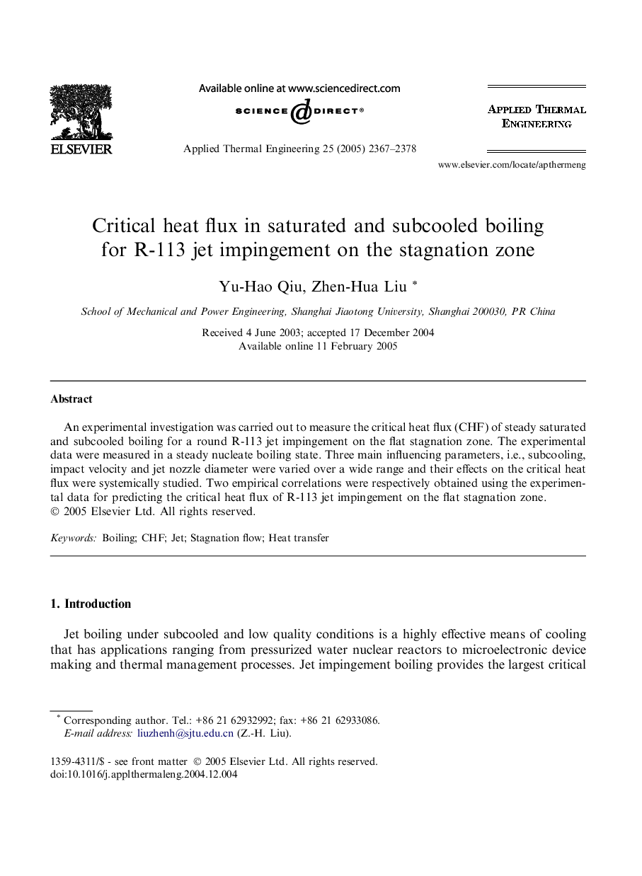 Critical heat flux in saturated and subcooled boiling for R-113 jet impingement on the stagnation zone