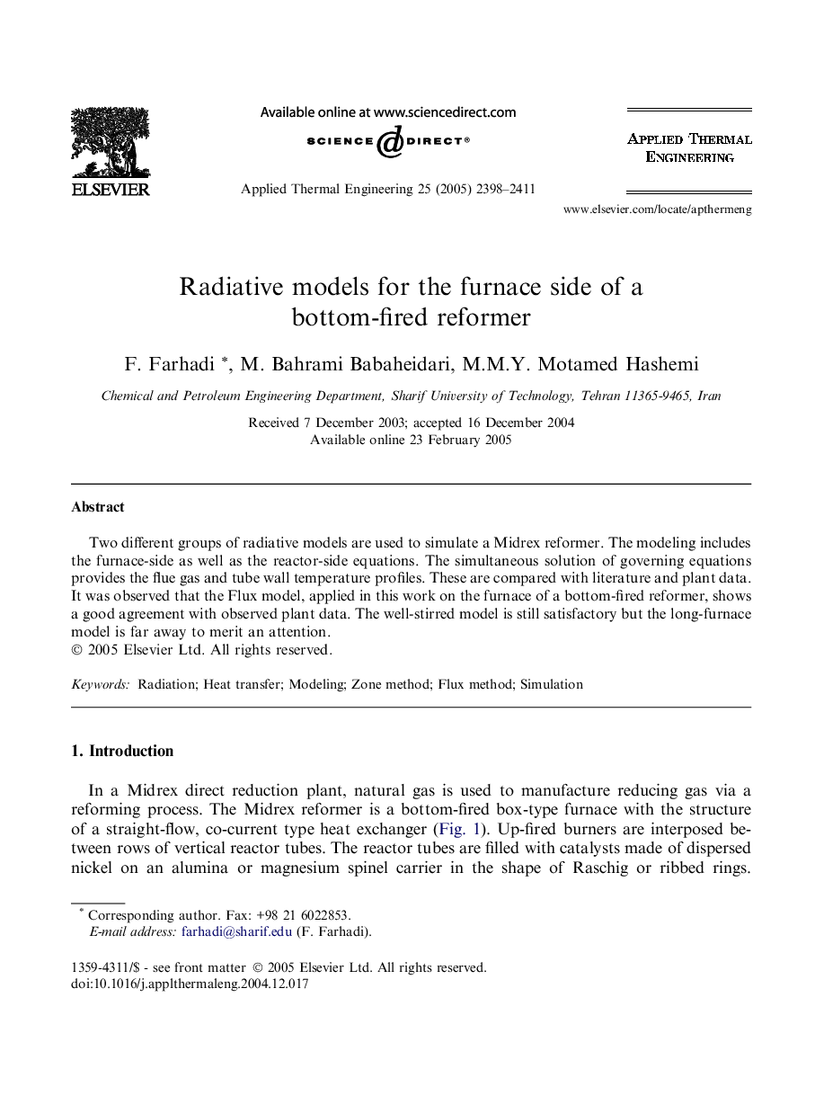 Radiative models for the furnace side of a bottom-fired reformer