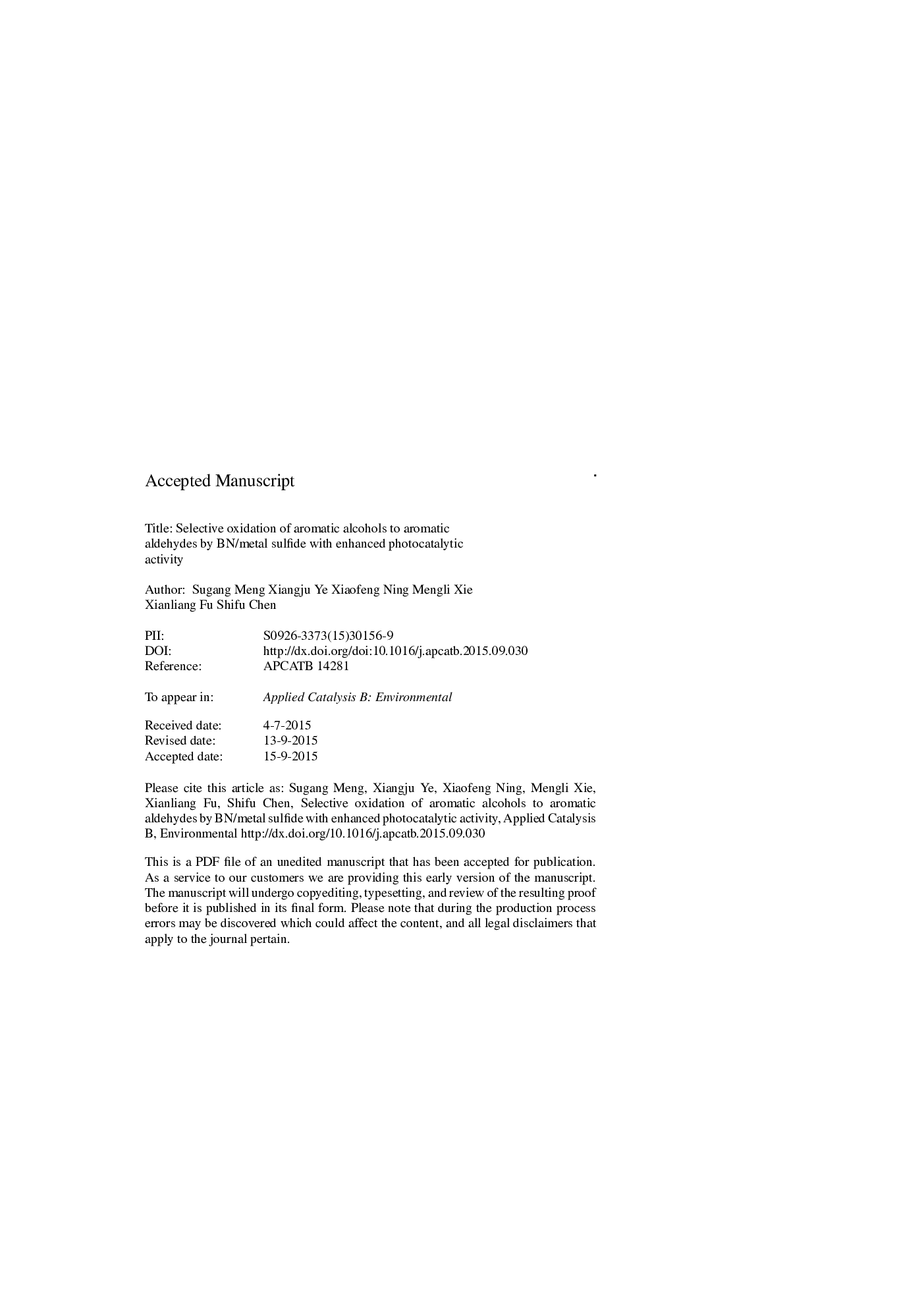 Selective oxidation of aromatic alcohols to aromatic aldehydes by BN/metal sulfide with enhanced photocatalytic activity