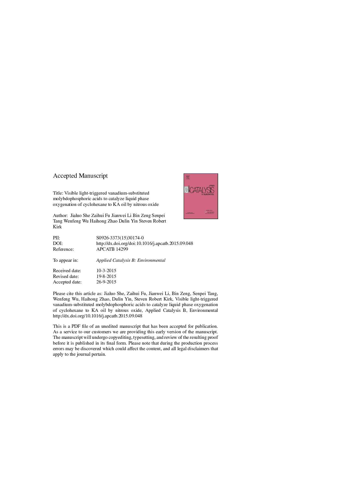 Visible light-triggered vanadium-substituted molybdophosphoric acids to catalyze liquid phase oxygenation of cyclohexane to KA oil by nitrous oxide