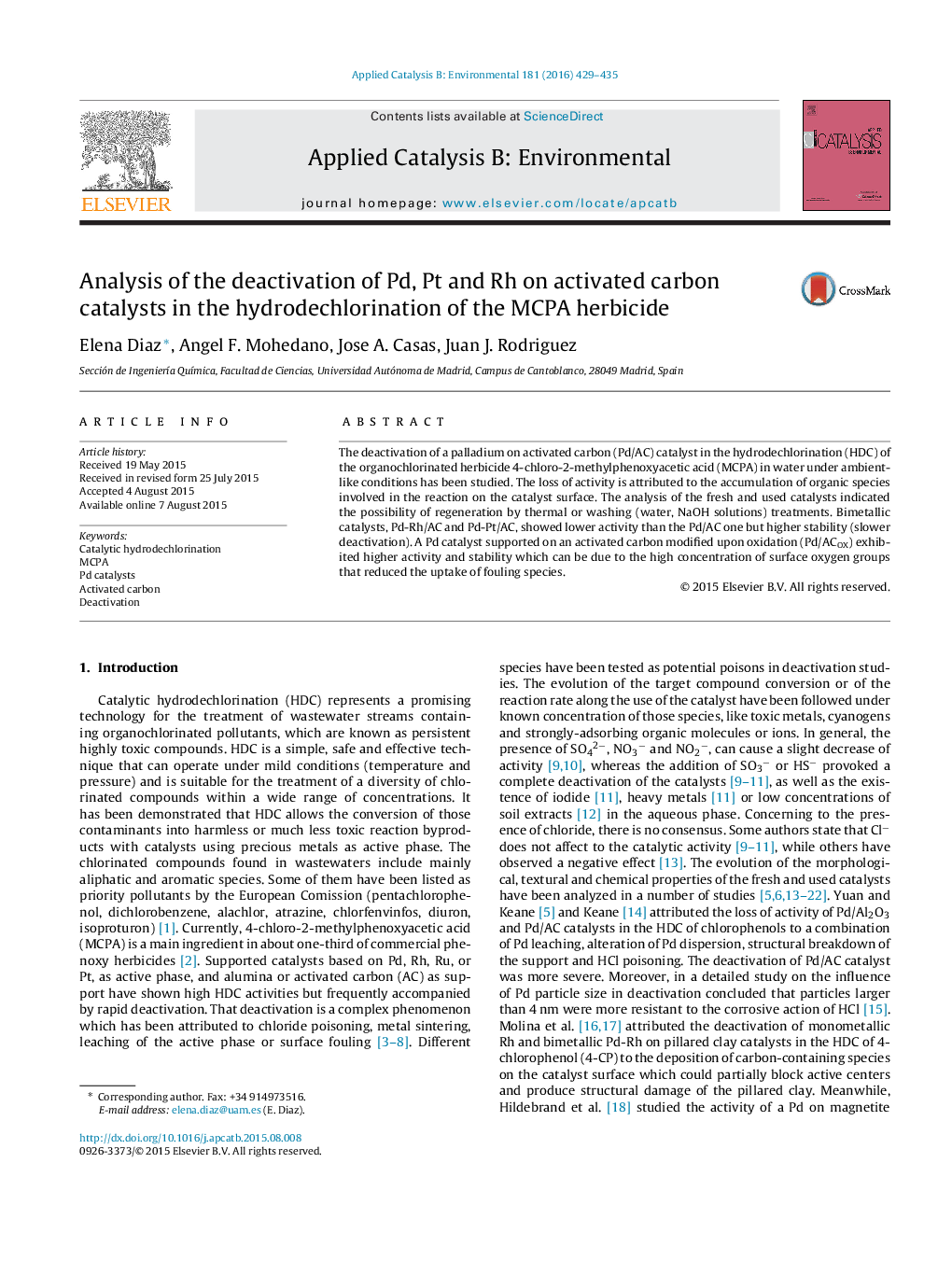 Analysis of the deactivation of Pd, Pt and Rh on activated carbon catalysts in the hydrodechlorination of the MCPA herbicide