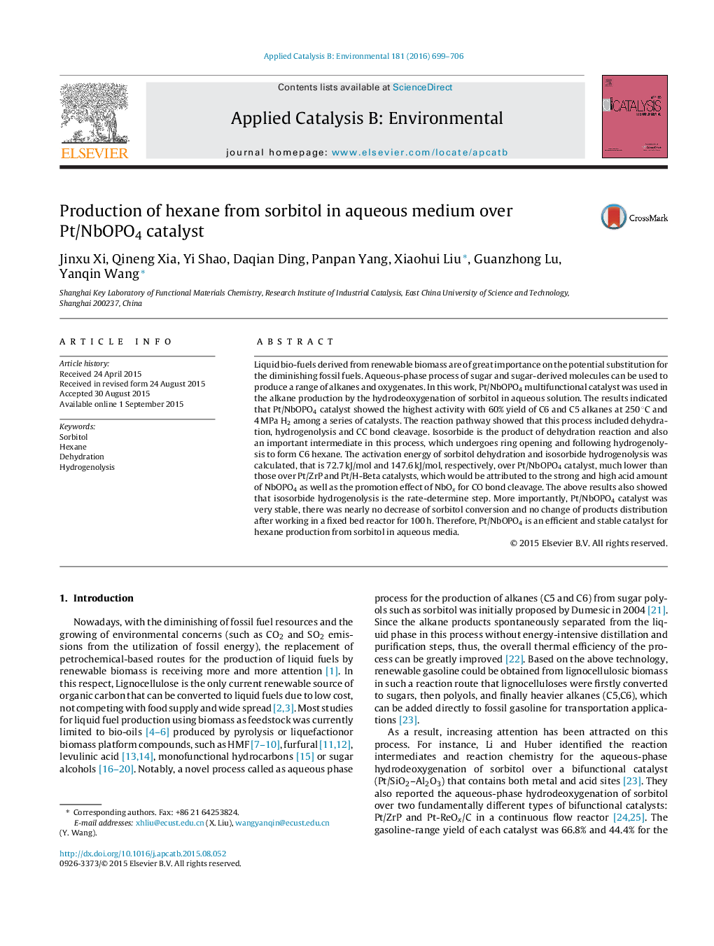 Production of hexane from sorbitol in aqueous medium over Pt/NbOPO4 catalyst