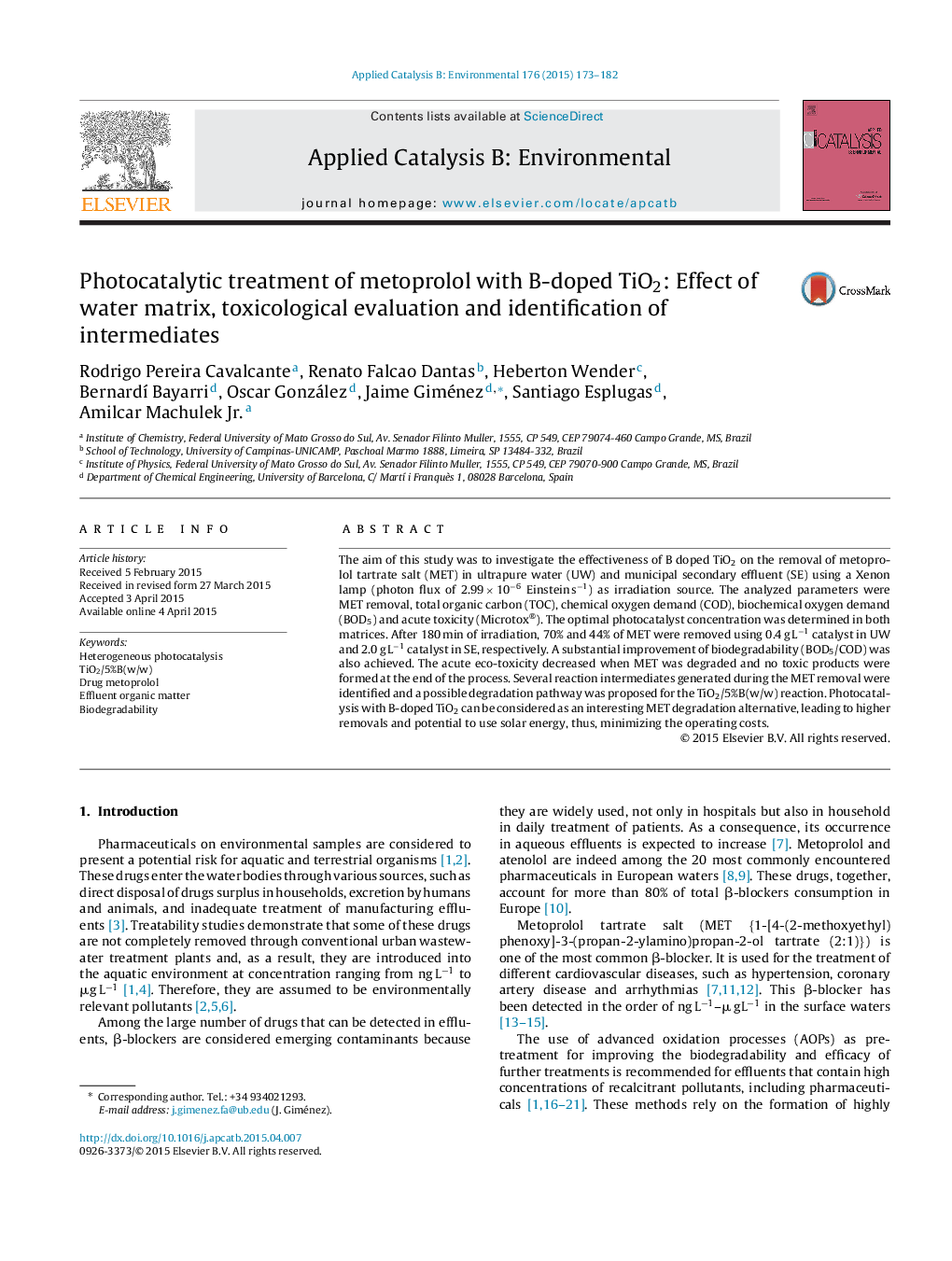 Photocatalytic treatment of metoprolol with B-doped TiO2: Effect of water matrix, toxicological evaluation and identification of intermediates