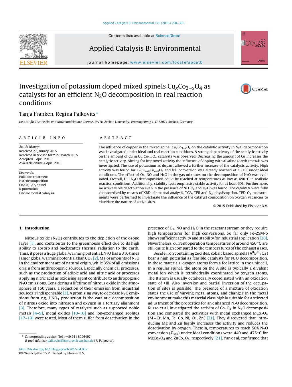 Investigation of potassium doped mixed spinels CuxCo3âxO4 as catalysts for an efficient N2O decomposition in real reaction conditions