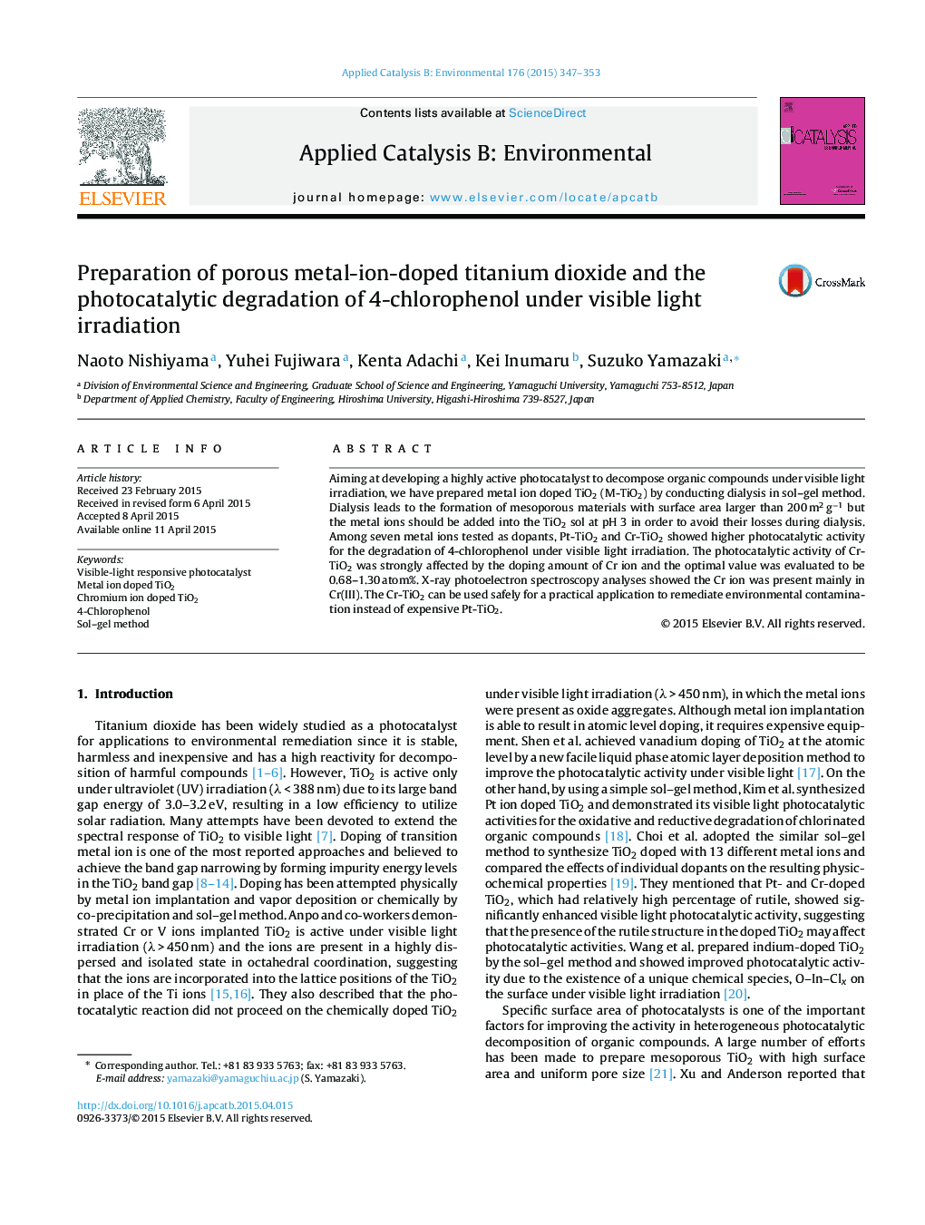 Preparation of porous metal-ion-doped titanium dioxide and the photocatalytic degradation of 4-chlorophenol under visible light irradiation