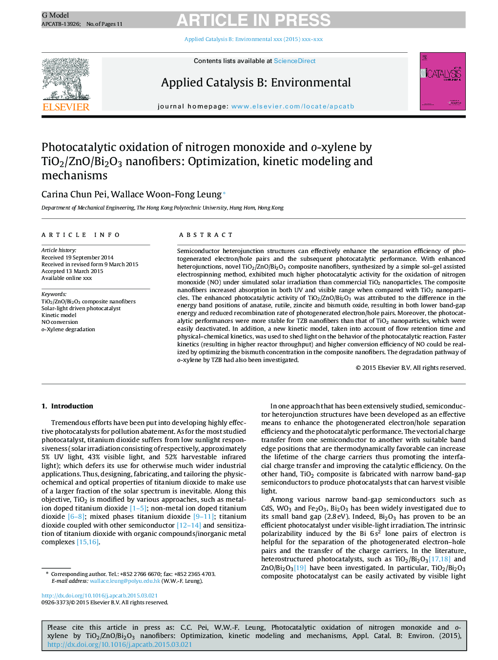 Photocatalytic oxidation of nitrogen monoxide and o-xylene by TiO2/ZnO/Bi2O3 nanofibers: Optimization, kinetic modeling and mechanisms