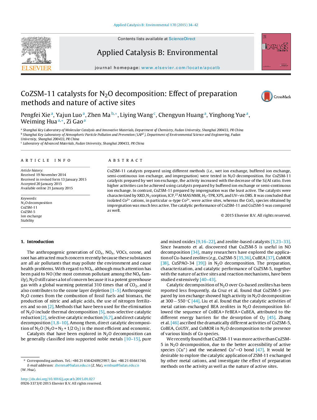 CoZSM-11 catalysts for N2O decomposition: Effect of preparation methods and nature of active sites