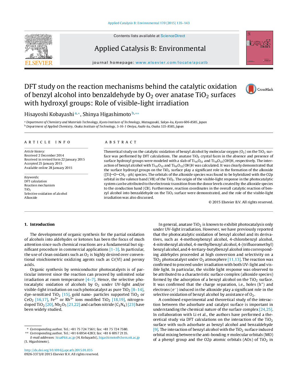 DFT study on the reaction mechanisms behind the catalytic oxidation of benzyl alcohol into benzaldehyde by O2 over anatase TiO2 surfaces with hydroxyl groups: Role of visible-light irradiation