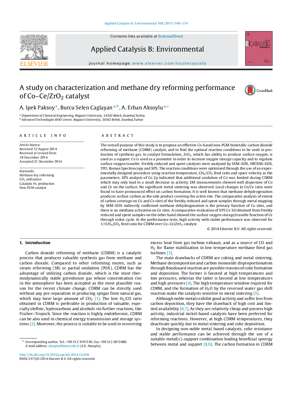 A study on characterization and methane dry reforming performance of Co-Ce/ZrO2 catalyst