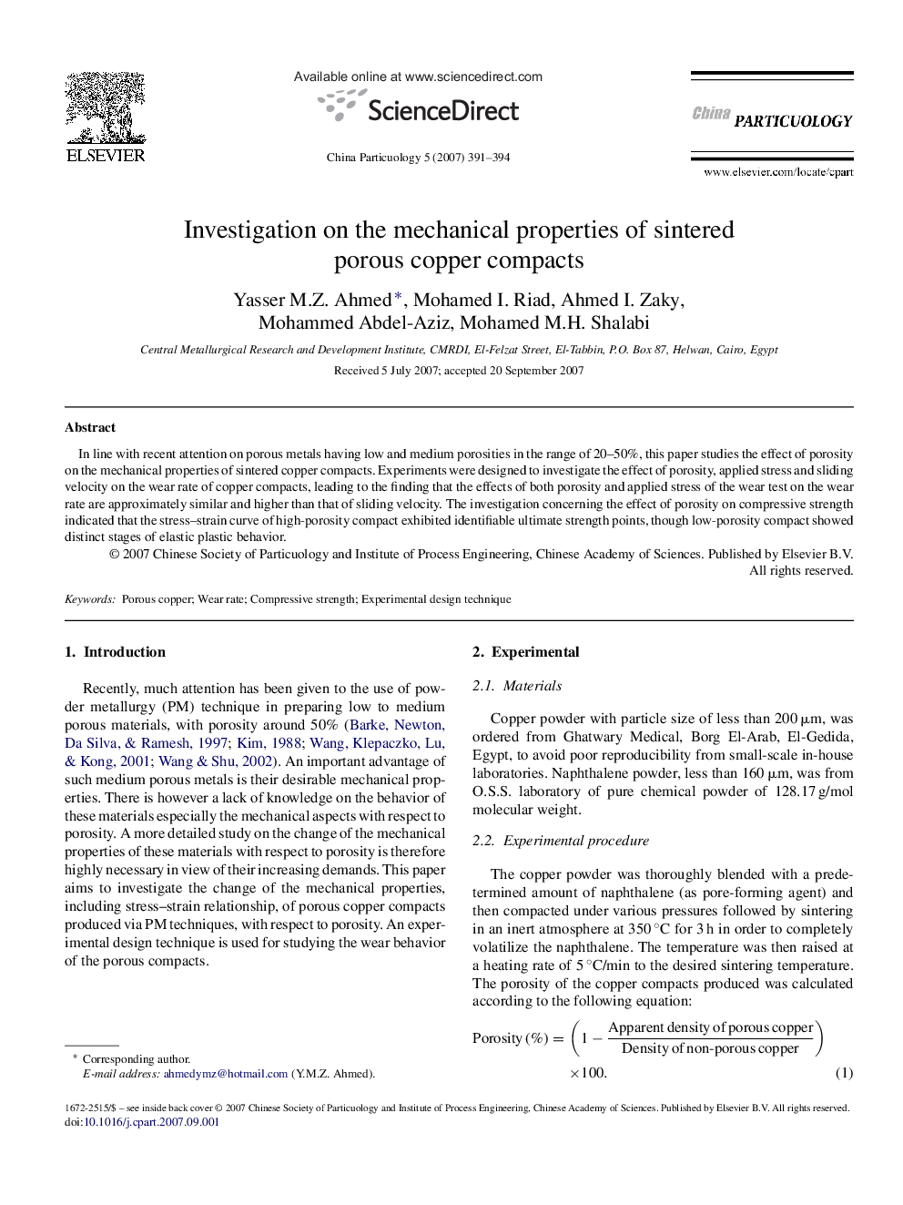 Investigation on the mechanical properties of sintered porous copper compacts