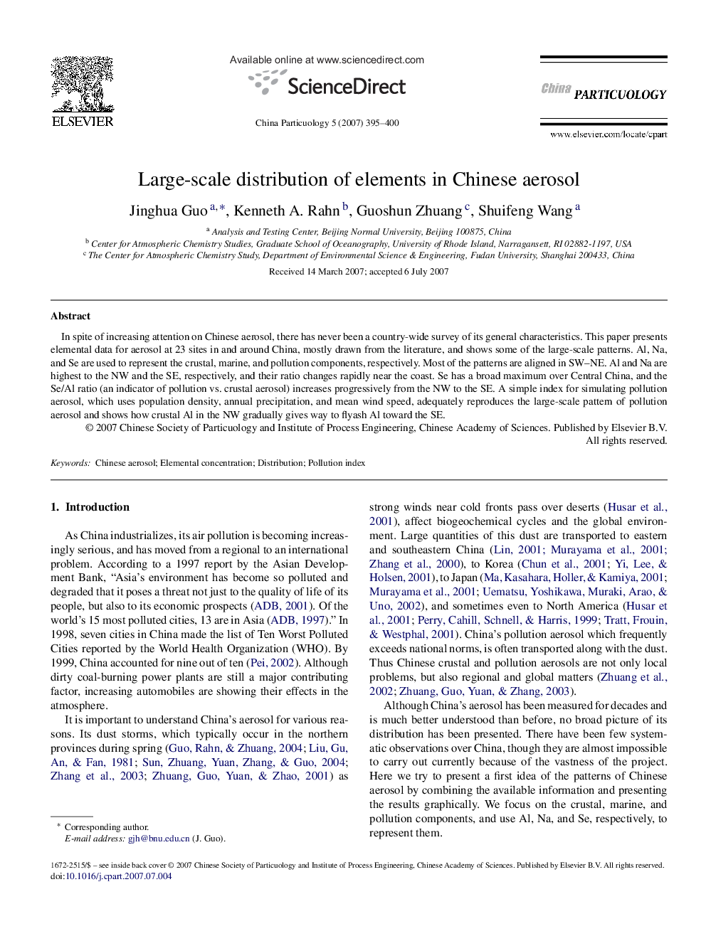 Large-scale distribution of elements in Chinese aerosol