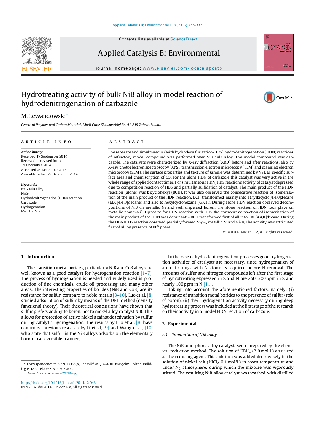 Hydrotreating activity of bulk NiB alloy in model reaction of hydrodenitrogenation of carbazole