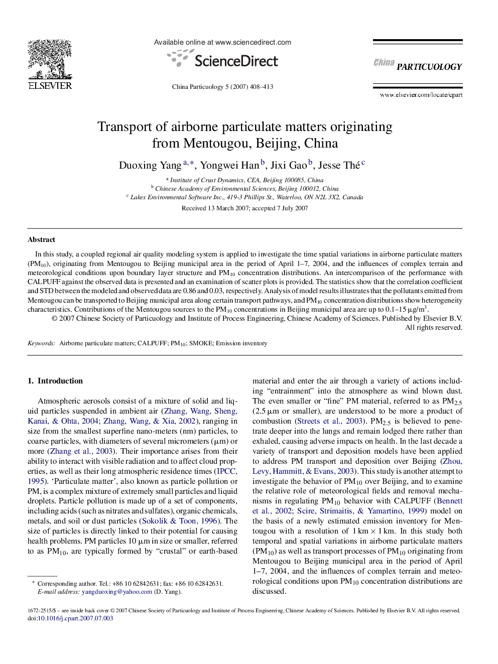 Transport of airborne particulate matters originating from Mentougou, Beijing, China