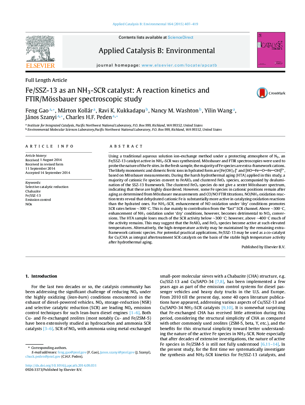 Fe/SSZ-13 as an NH3-SCR catalyst: A reaction kinetics and FTIR/Mössbauer spectroscopic study