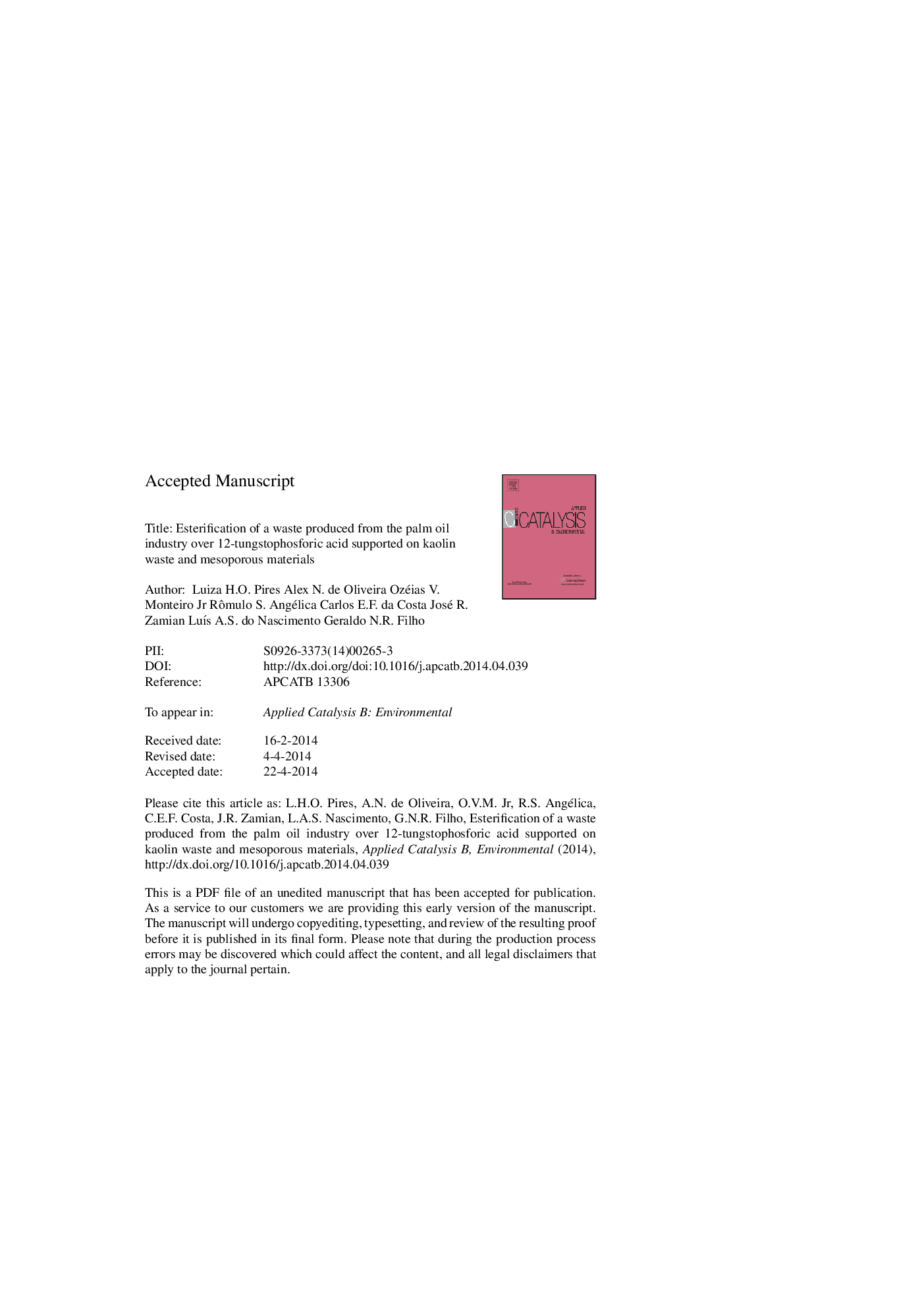 Esterification of a waste produced from the palm oil industry over 12-tungstophosforic acid supported on kaolin waste and mesoporous materials