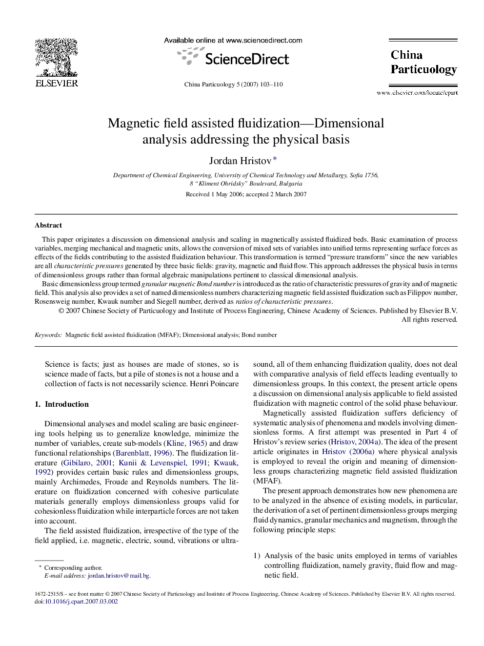 Magnetic field assisted fluidization—Dimensional analysis addressing the physical basis