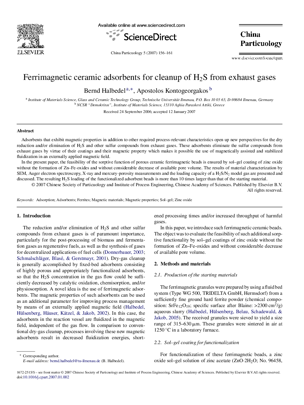 Ferrimagnetic ceramic adsorbents for cleanup of H2S from exhaust gases