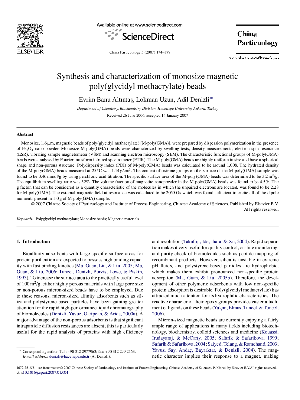 Synthesis and characterization of monosize magnetic poly(glycidyl methacrylate) beads