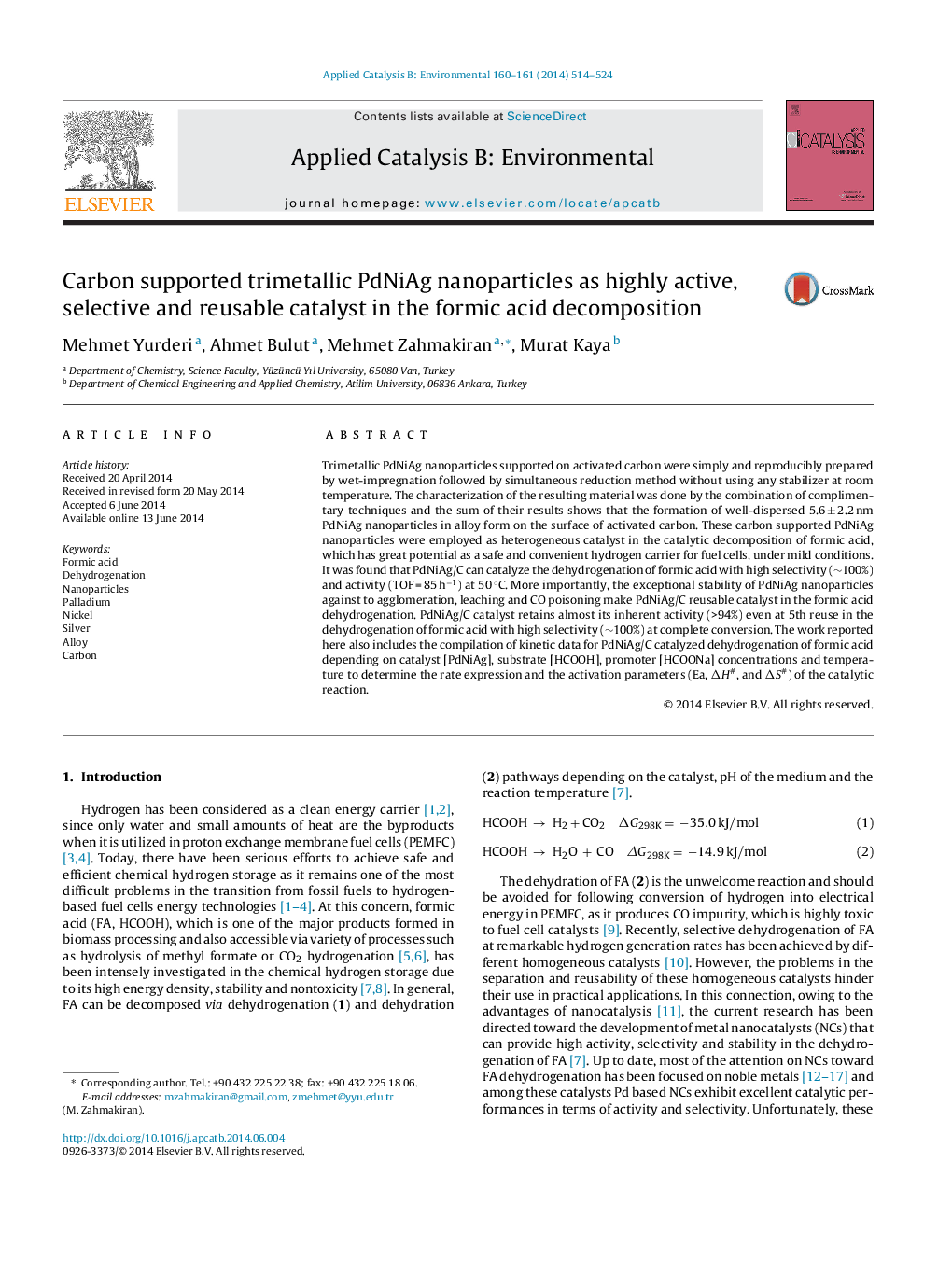 عکس صفحه اول مقاله: Carbon supported trimetallic PdNiAg nanoparticles as highly active, selective and reusable catalyst in the formic acid decomposition Carbon supported trimetallic PdNiAg nanoparticles as highly active, selective and reusable catalyst in the formic acid decomposition
