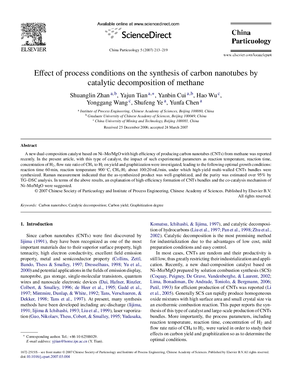 Effect of process conditions on the synthesis of carbon nanotubes by catalytic decomposition of methane