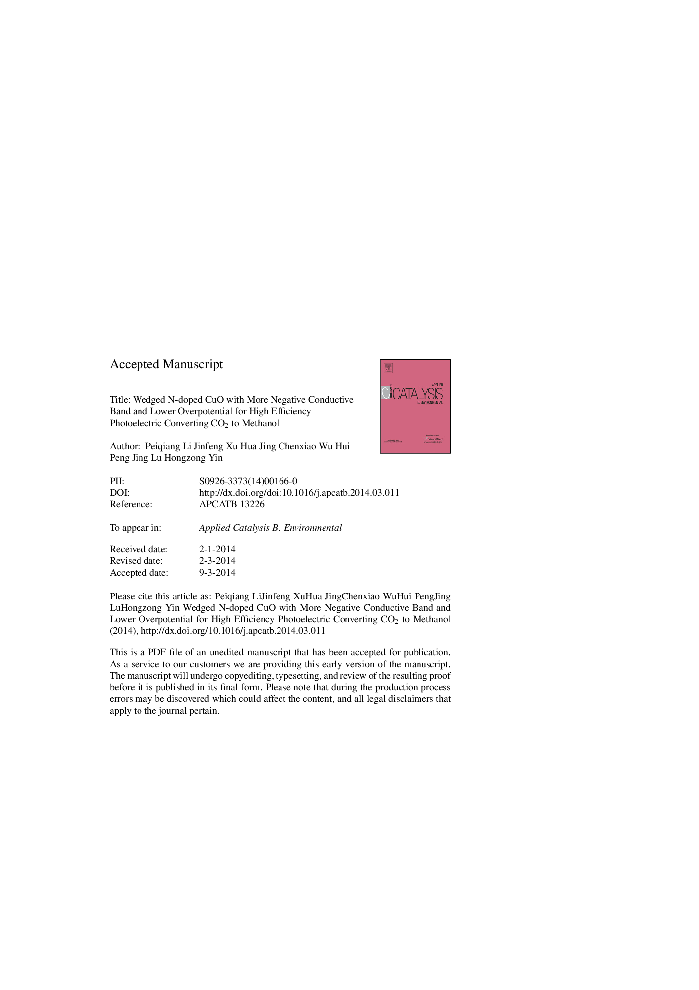 Wedged N-doped CuO with more negative conductive band and lower overpotential for high efficiency photoelectric converting CO2 to methanol