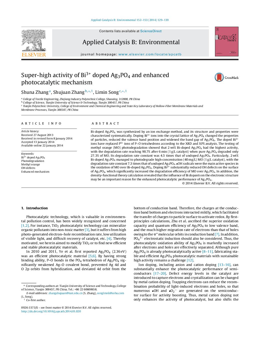 Super-high activity of Bi3+ doped Ag3PO4 and enhanced photocatalytic mechanism