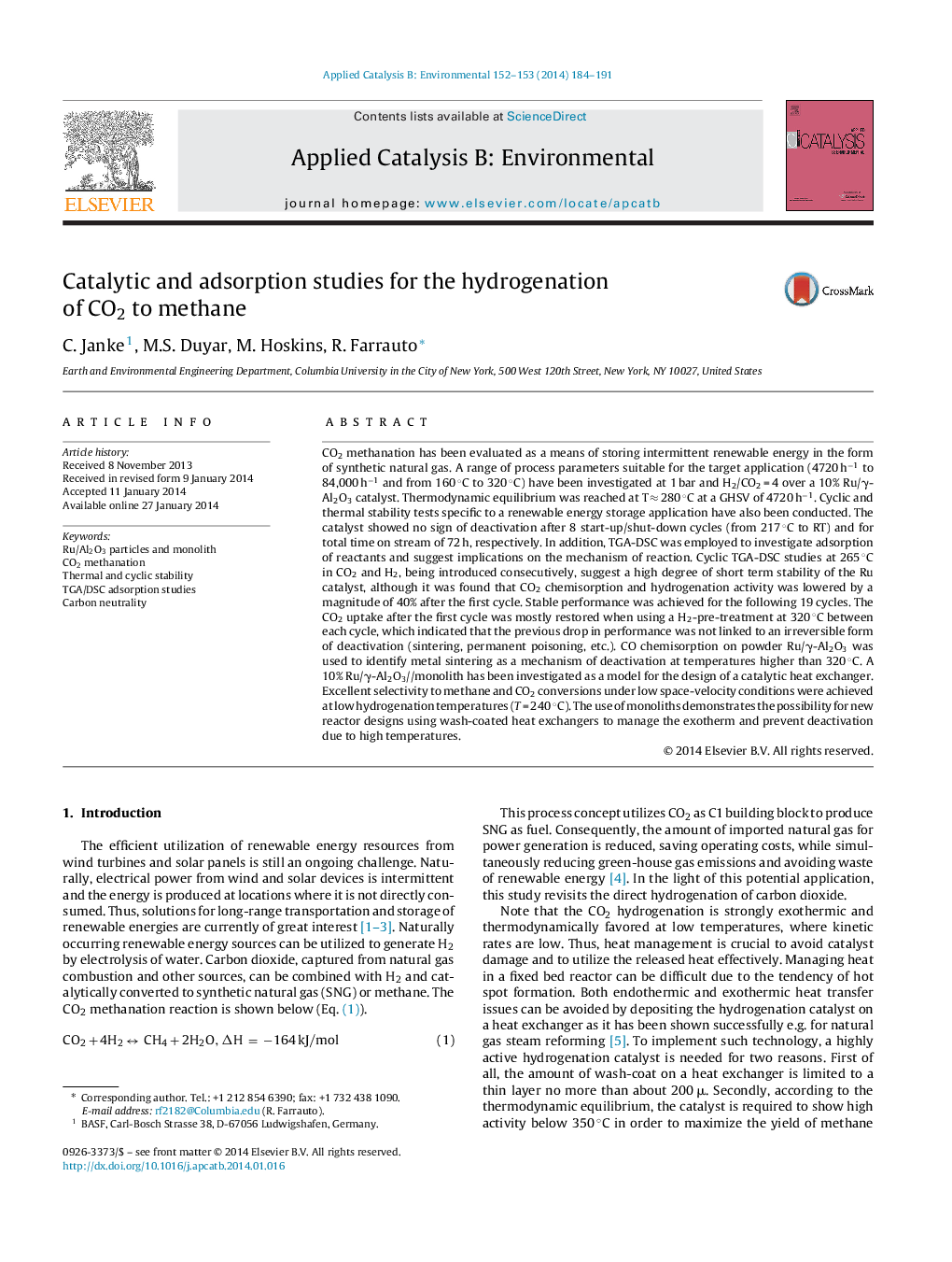 Catalytic and adsorption studies for the hydrogenation of CO2 to methane