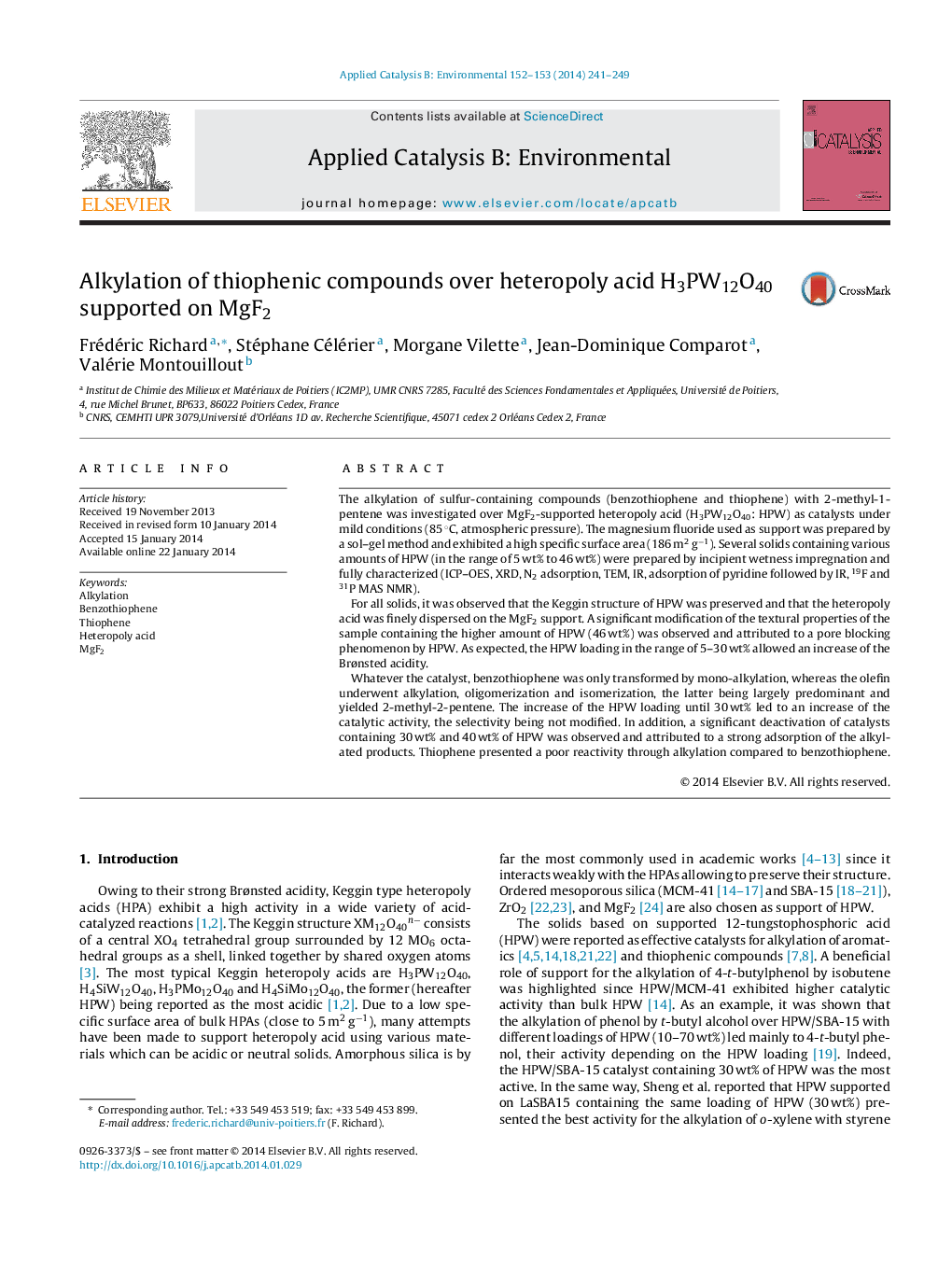 Alkylation of thiophenic compounds over heteropoly acid H3PW12O40 supported on MgF2