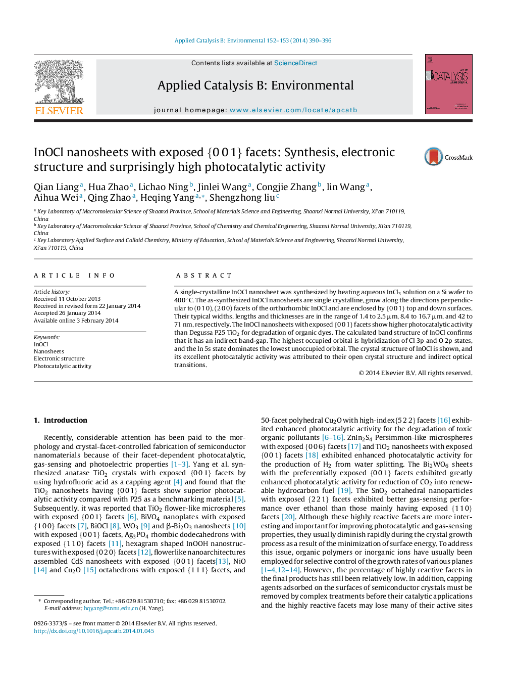 عکس صفحه اول مقاله: InOCl nanosheets with exposed {0Â 0Â 1} facets: Synthesis, electronic structure and surprisingly high photocatalytic activity InOCl nanosheets with exposed {0Â 0Â 1} facets: Synthesis, electronic structure and surprisingly high photocatalytic activity
