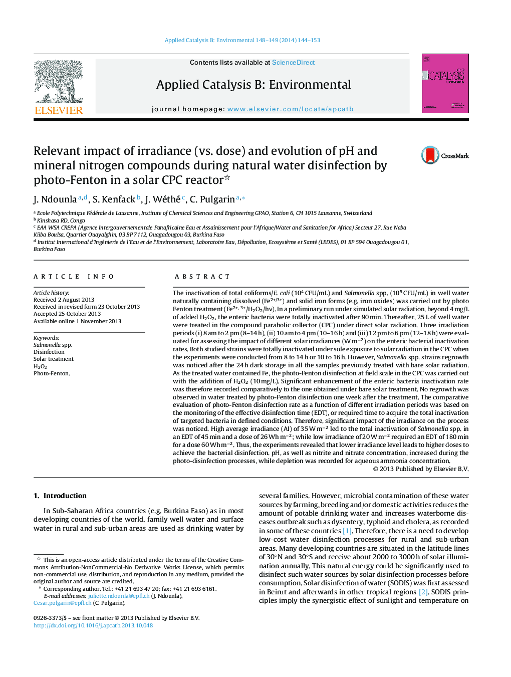 Relevant impact of irradiance (vs. dose) and evolution of pH and mineral nitrogen compounds during natural water disinfection by photo-Fenton in a solar CPC reactor