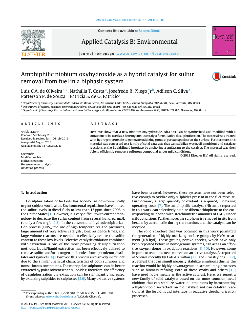 Amphiphilic niobium oxyhydroxide as a hybrid catalyst for sulfur removal from fuel in a biphasic system