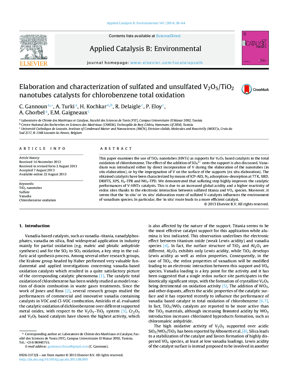 Elaboration and characterization of sulfated and unsulfated V2O5/TiO2 nanotubes catalysts for chlorobenzene total oxidation