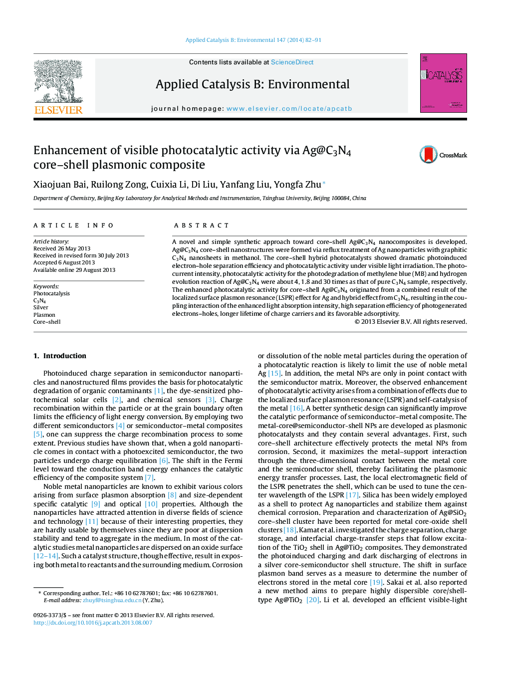 Enhancement of visible photocatalytic activity via Ag@C3N4 core-shell plasmonic composite