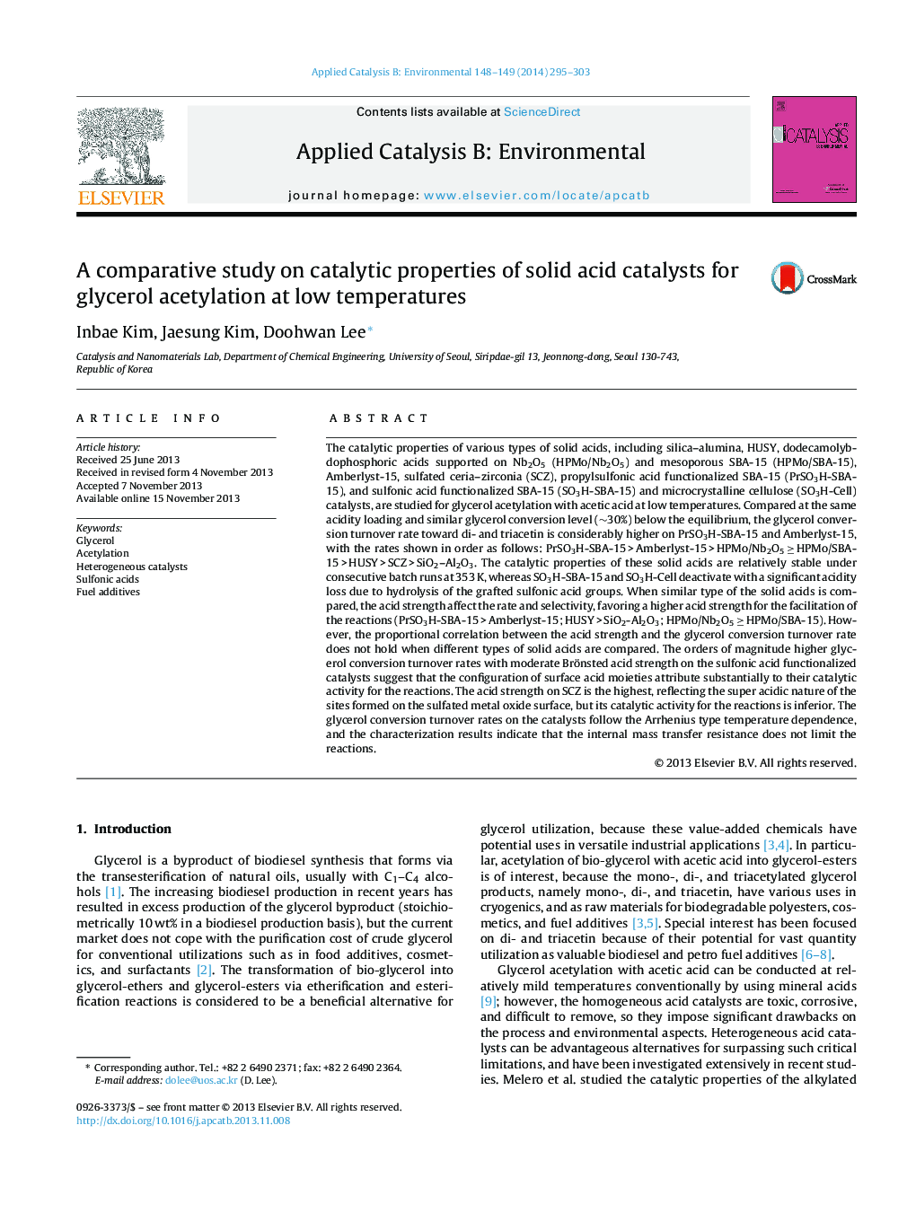 A comparative study on catalytic properties of solid acid catalysts for glycerol acetylation at low temperatures