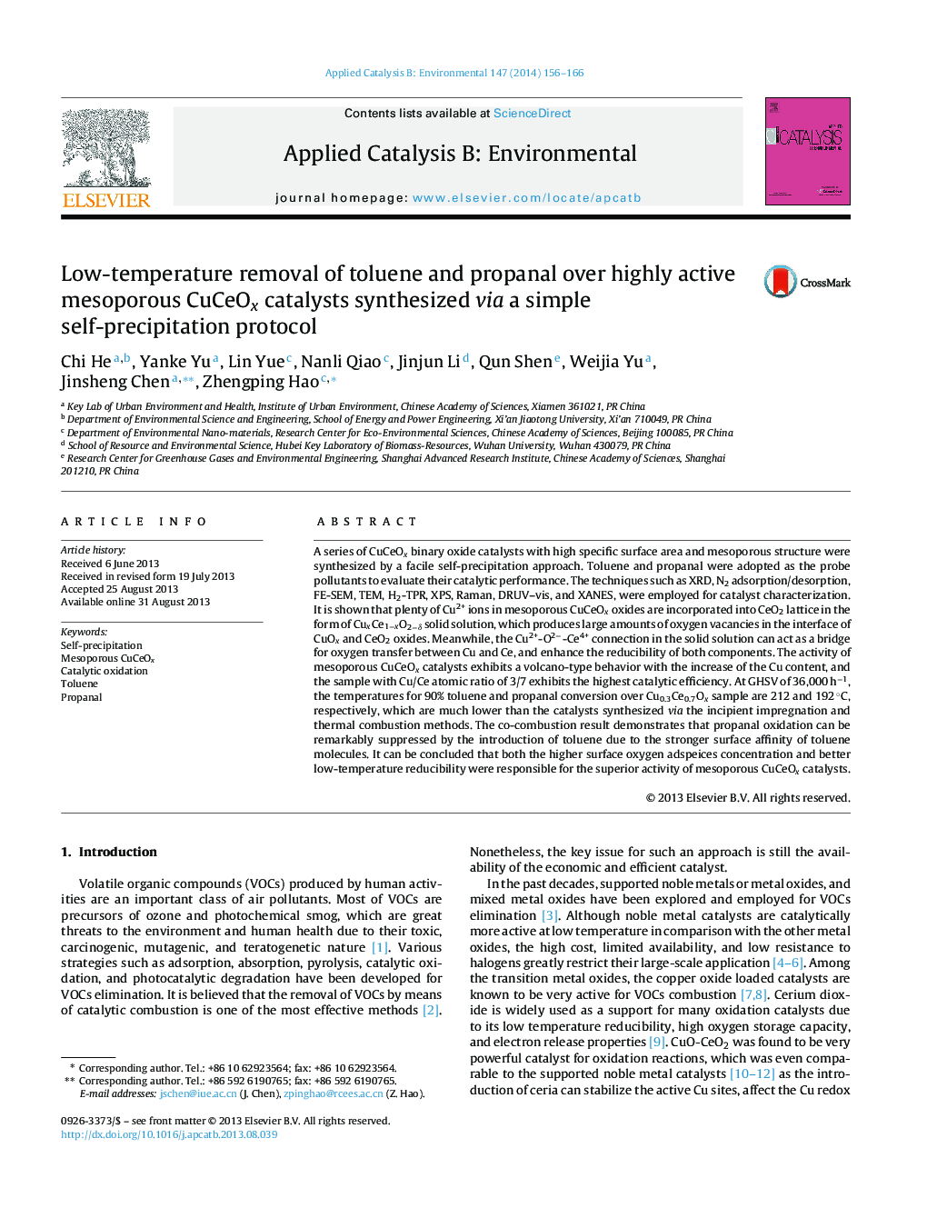 Low-temperature removal of toluene and propanal over highly active mesoporous CuCeOx catalysts synthesized via a simple self-precipitation protocol