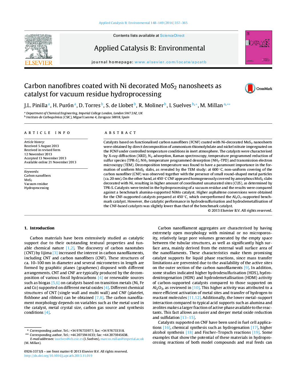 Carbon nanofibres coated with Ni decorated MoS2 nanosheets as catalyst for vacuum residue hydroprocessing