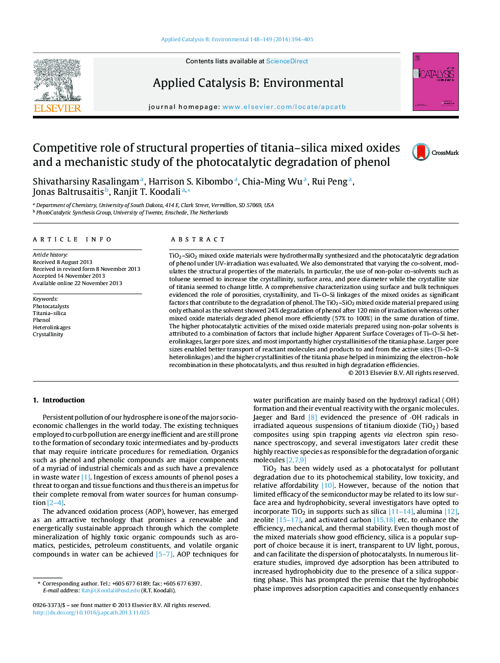 Competitive role of structural properties of titania-silica mixed oxides and a mechanistic study of the photocatalytic degradation of phenol