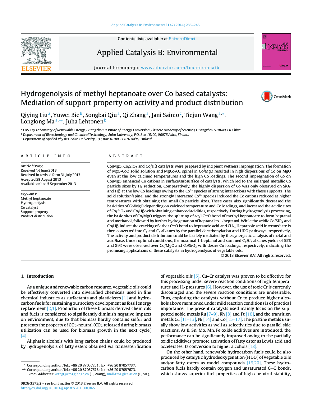 Hydrogenolysis of methyl heptanoate over Co based catalysts: Mediation of support property on activity and product distribution