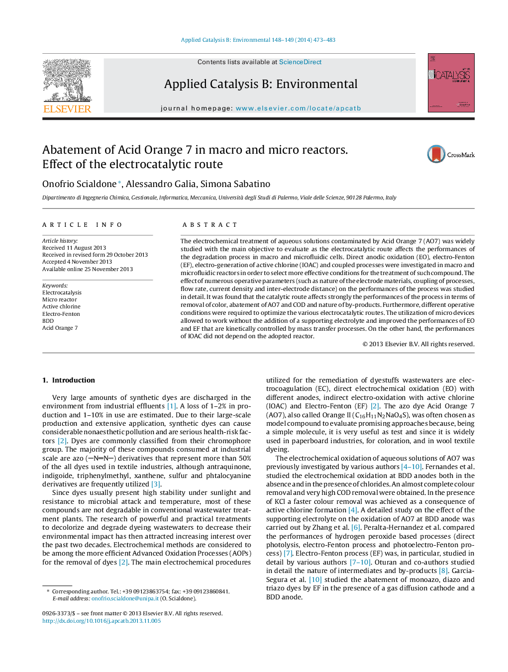 Abatement of Acid Orange 7 in macro and micro reactors. Effect of the electrocatalytic route