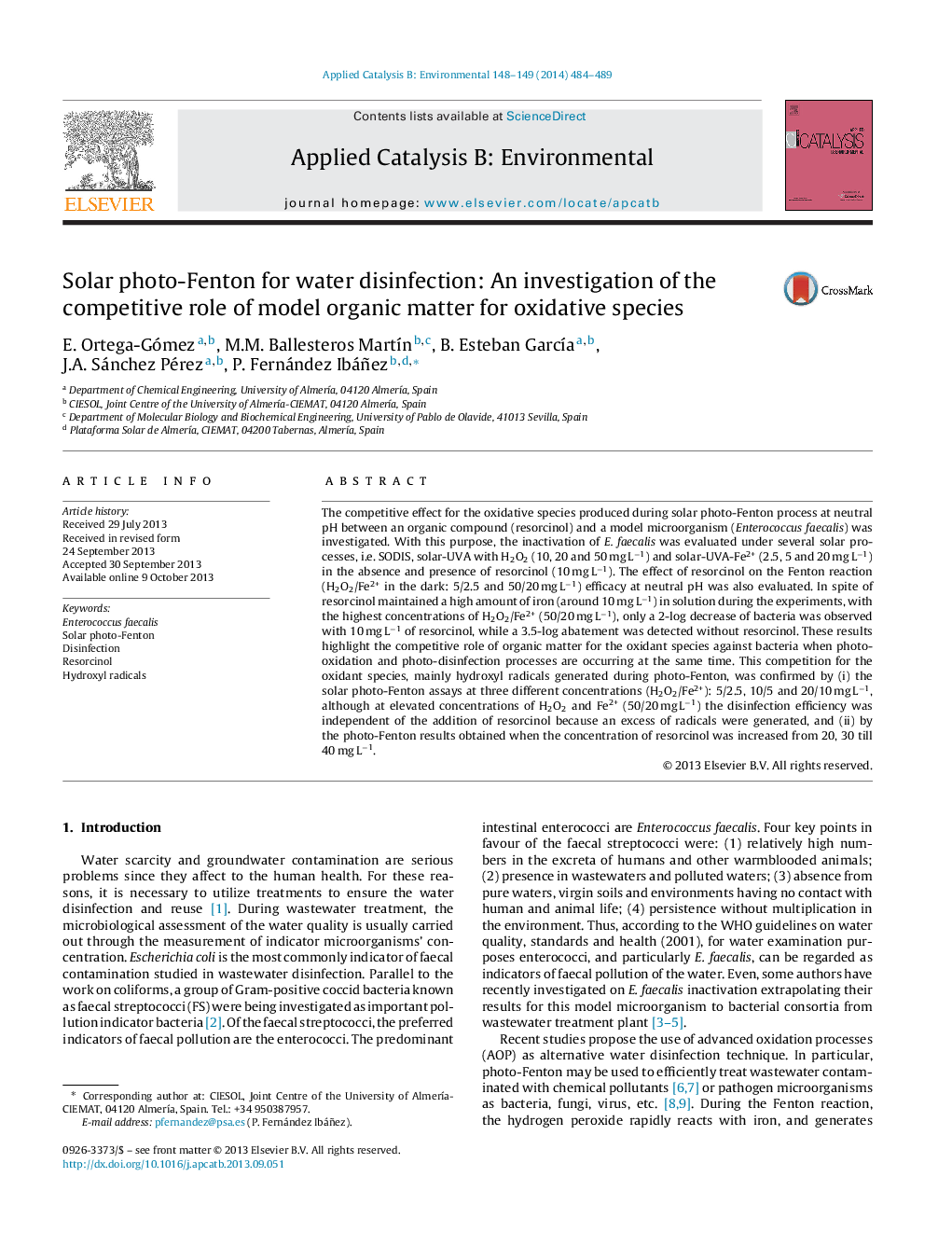 Solar photo-Fenton for water disinfection: An investigation of the competitive role of model organic matter for oxidative species