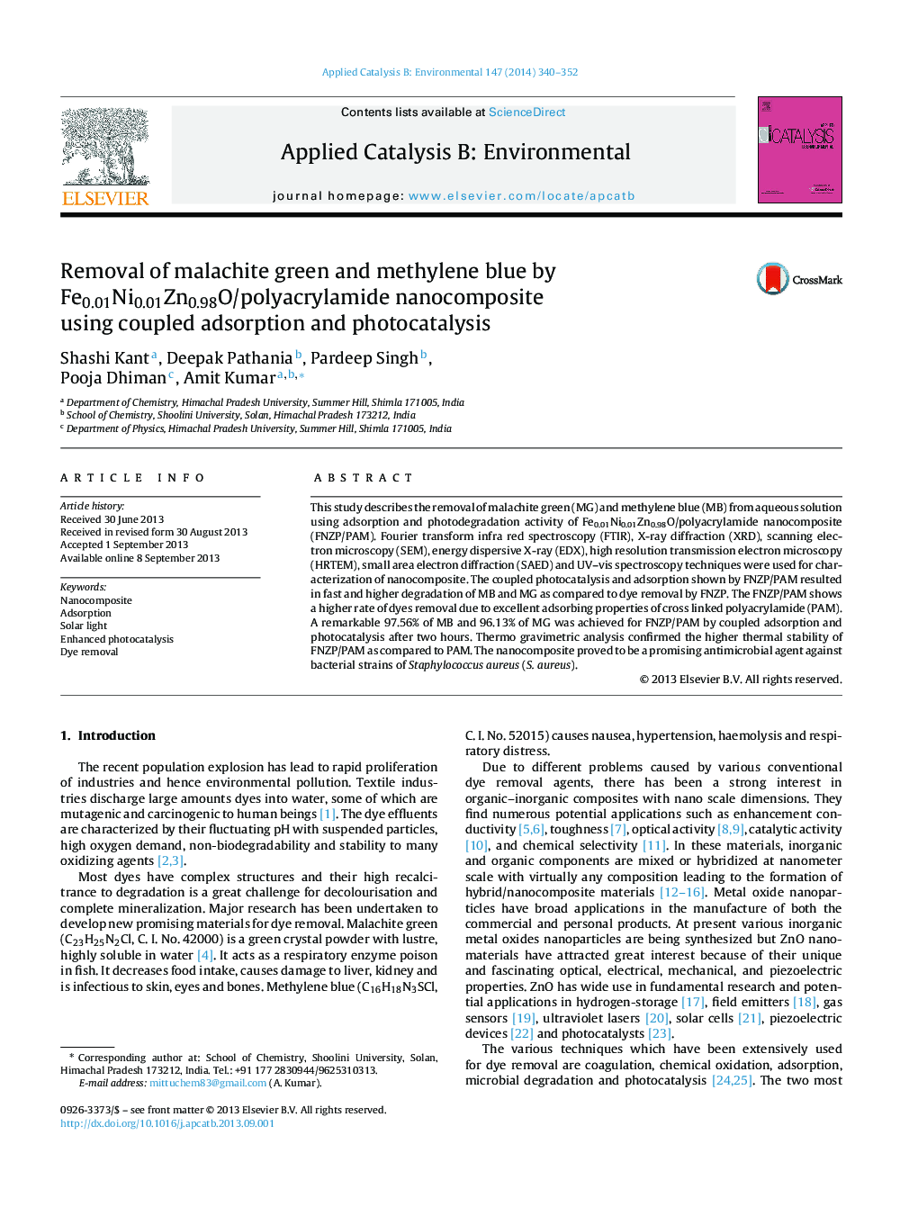 Removal of malachite green and methylene blue by Fe0.01Ni0.01Zn0.98O/polyacrylamide nanocomposite using coupled adsorption and photocatalysis