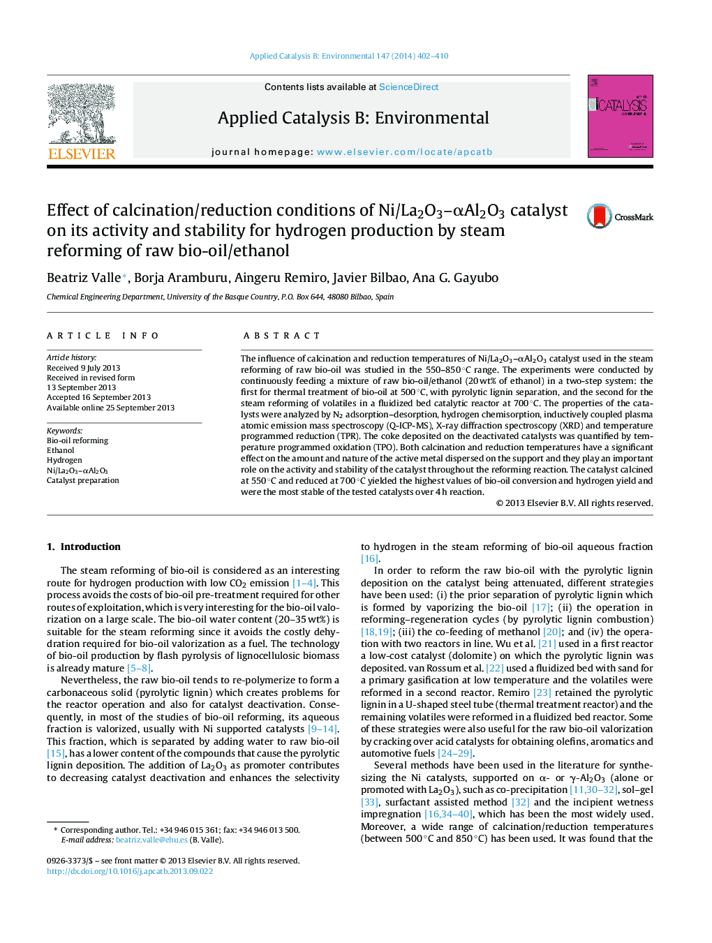 Effect of calcination/reduction conditions of Ni/La2O3-Î±Al2O3 catalyst on its activity and stability for hydrogen production by steam reforming of raw bio-oil/ethanol