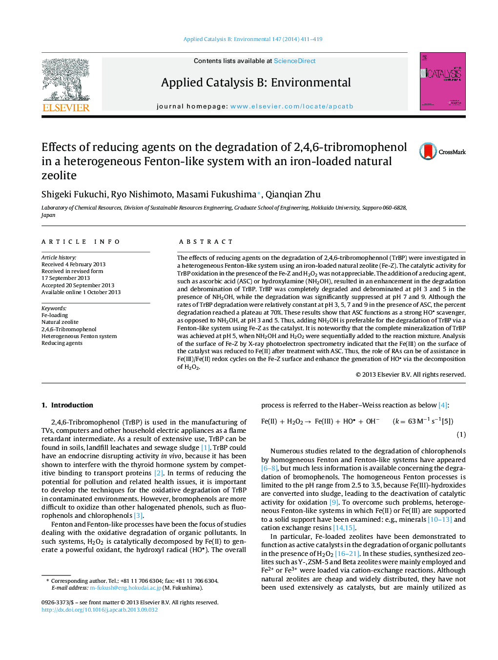 Effects of reducing agents on the degradation of 2,4,6-tribromophenol in a heterogeneous Fenton-like system with an iron-loaded natural zeolite