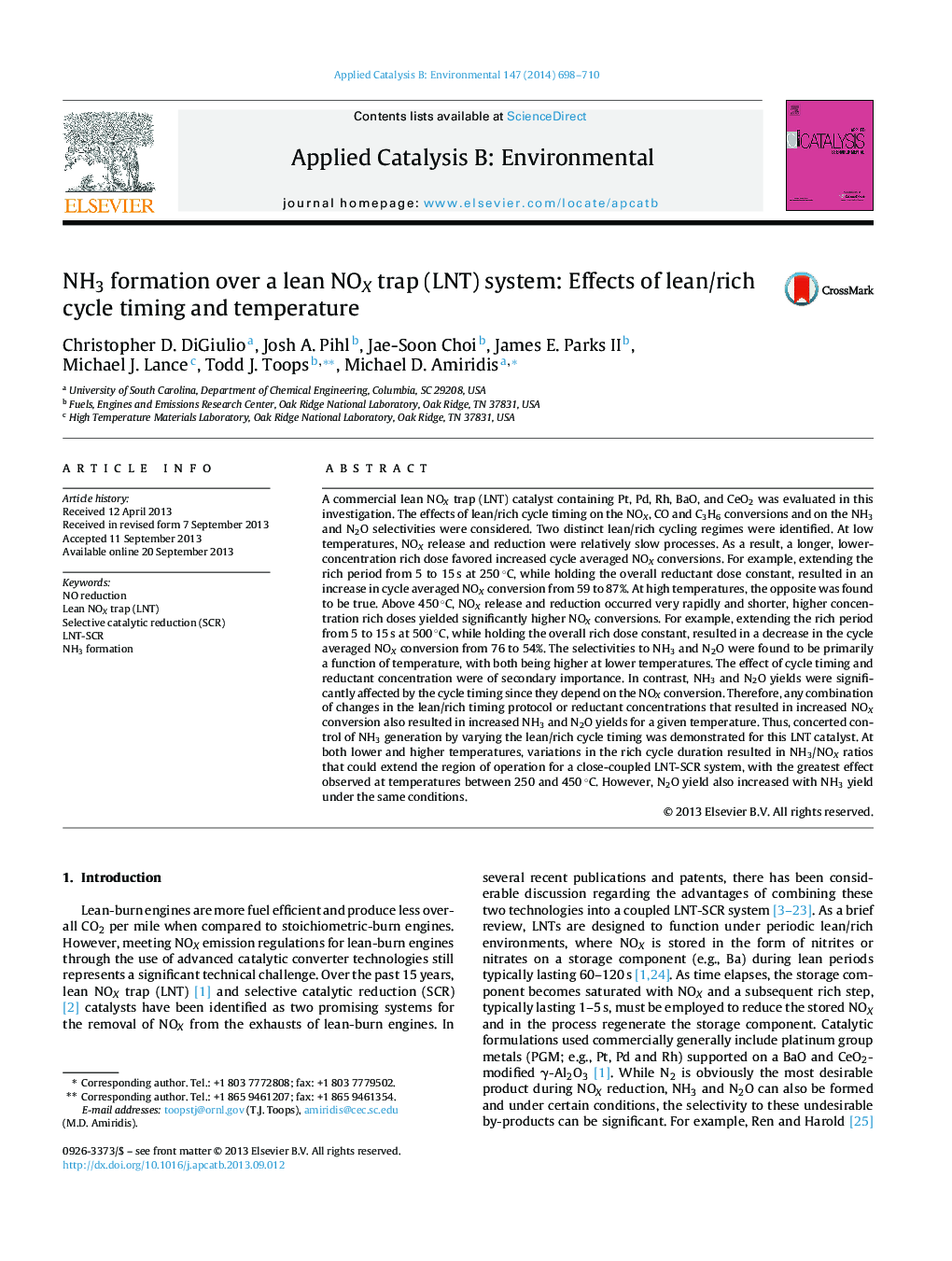 عکس صفحه اول مقاله: NH3 formation over a lean NOX trap (LNT) system: Effects of lean/rich cycle timing and temperature NH3 formation over a lean NOX trap (LNT) system: Effects of lean/rich cycle timing and temperature