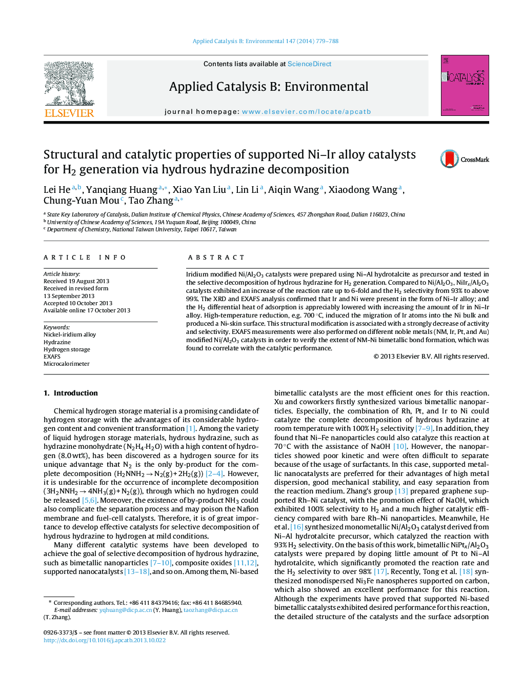 Structural and catalytic properties of supported Ni-Ir alloy catalysts for H2 generation via hydrous hydrazine decomposition